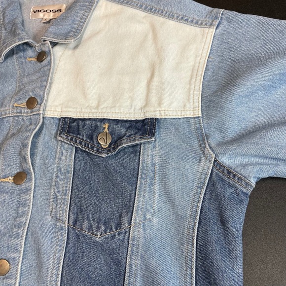 VIGOSS Women's Patchwork Denim Jacket Size L Blue White Long Sleeve Cropped - Picture 6 of 11